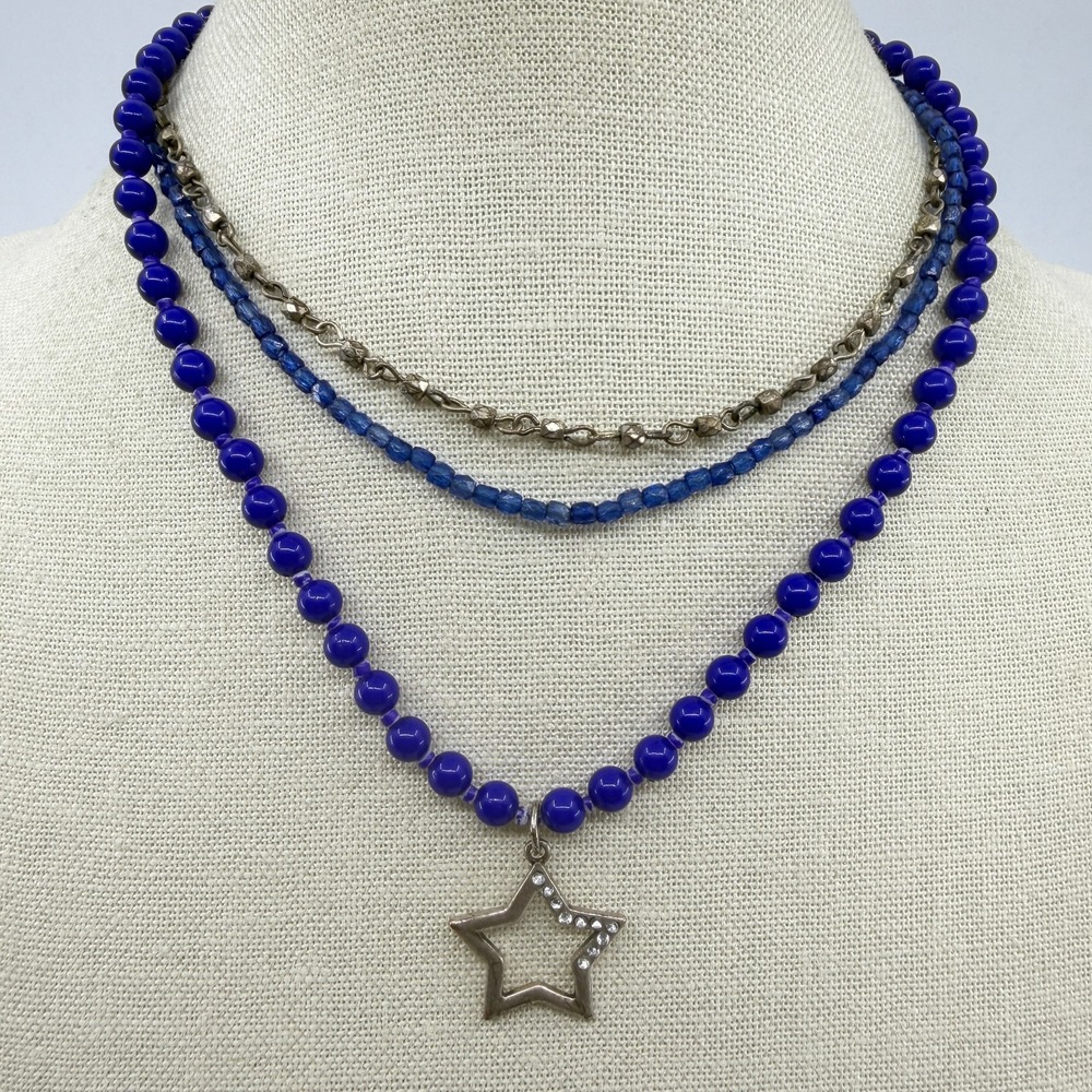 Layered Cobalt Blue Bead Star Pendant Necklace Celestial Boho Statement Piece